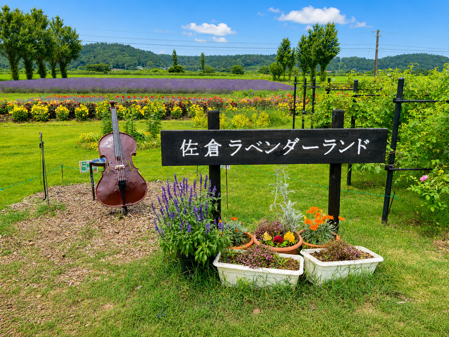 佐倉ラベンダーランドの看板とチェロをかたどったオブジェ・花壇