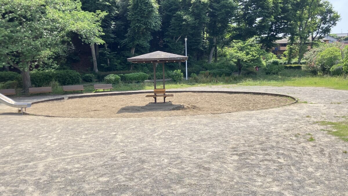 冒険広場の砂場(中央に屋根付きベンチ)